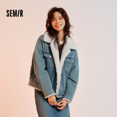 商场同款 森马牛仔外套女拼接仿兔毛翻领宽松2024冬夹棉夹克