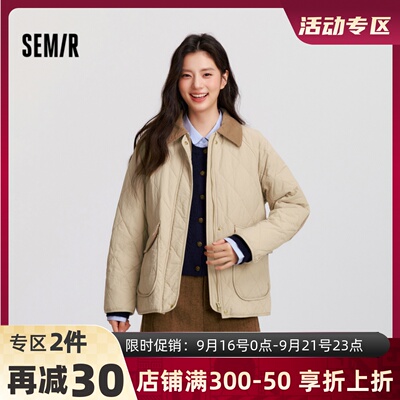 森马翻领菱格轻薄中长款棉服女