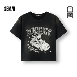 [商场同款]森马迪士尼合作系列短袖T恤女短款2025夏新款做旧上衣