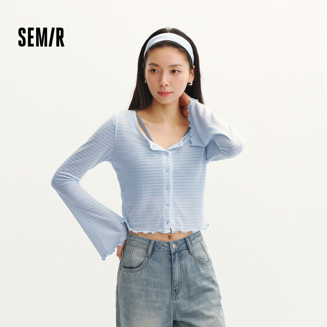 森马长袖T恤女夏短款肌理提花修身木耳边针织衫圆领2026新款开衫