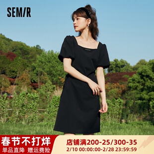 森马连衣裙女肌理格子方领短裙夏季泡泡袖露腰小黑裙甜酷