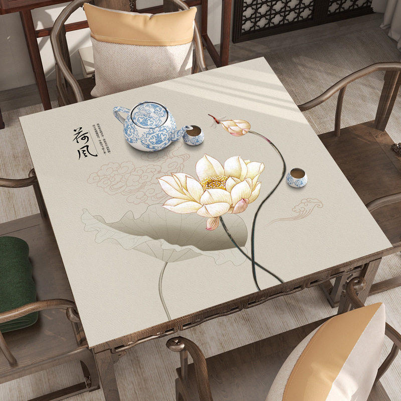 中式荷花皮革桌布方桌布麻将桌垫小餐桌垫布防水防油隔热桌布
