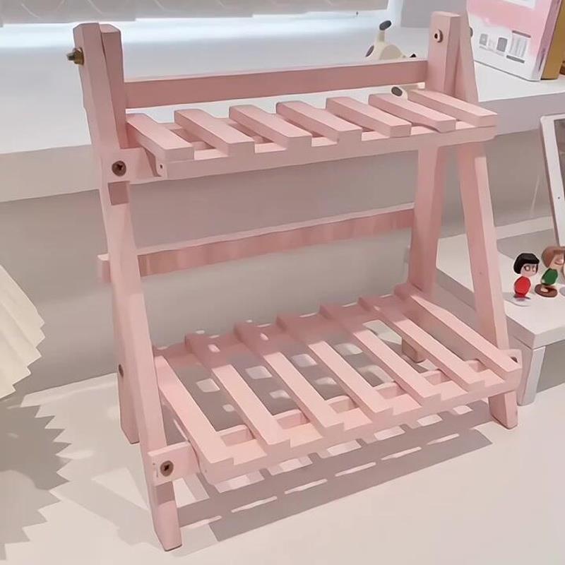 粉色原木桌面置物架双层可折叠收纳层架化妆台宿舍办公桌高颜值书