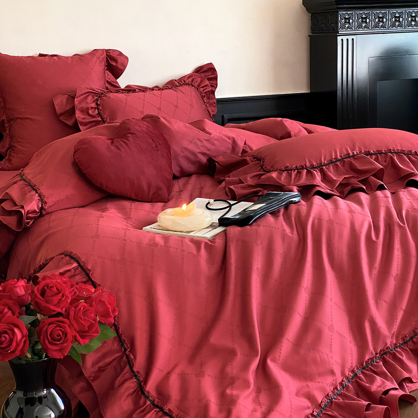 婚庆结婚红色纯棉100支双股澳棉提花新人四件套全棉陪嫁床单被套