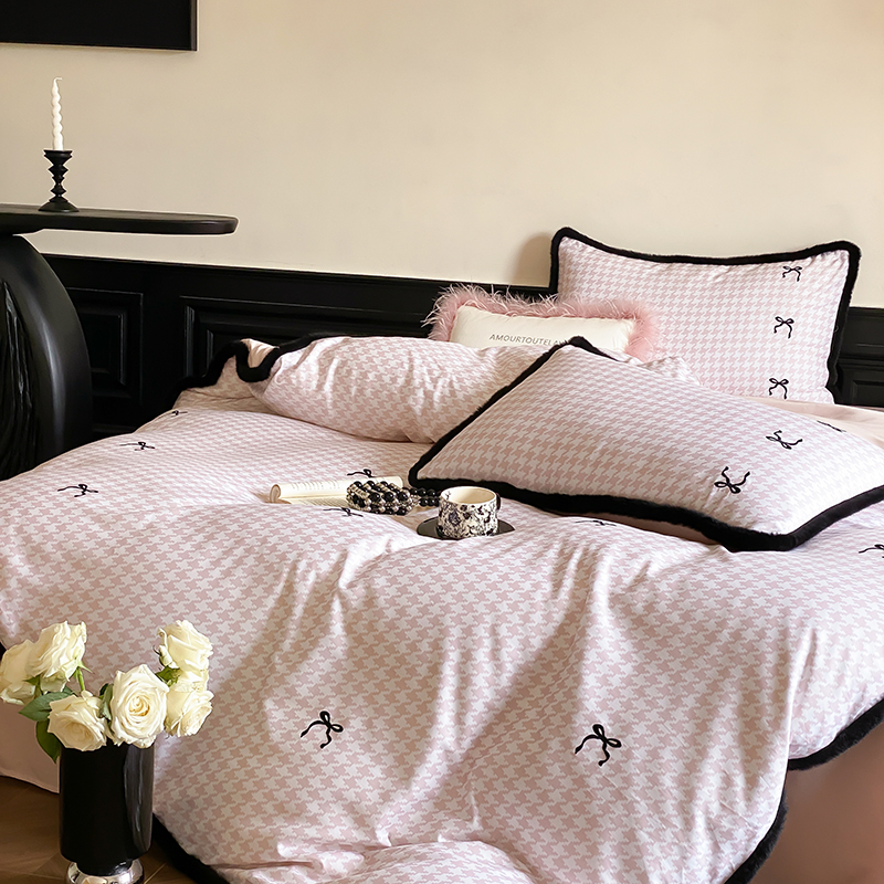 少女心100支澳棉磨毛刺绣四件套蝴蝶结秋冬加厚保暖公主风床品2m