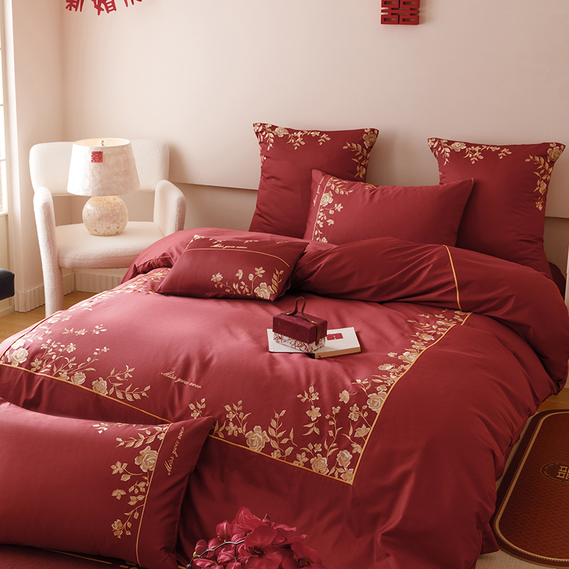 婚庆红色喜庆纯棉100支长绒棉高密度刺绣大拼角四件套全棉结婚1.8