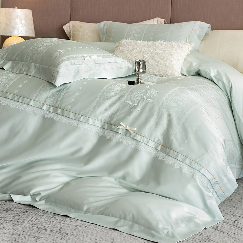 高档韩式小清新120支天丝棉提花四件套蕾丝花边公主风亲肤1.8床品