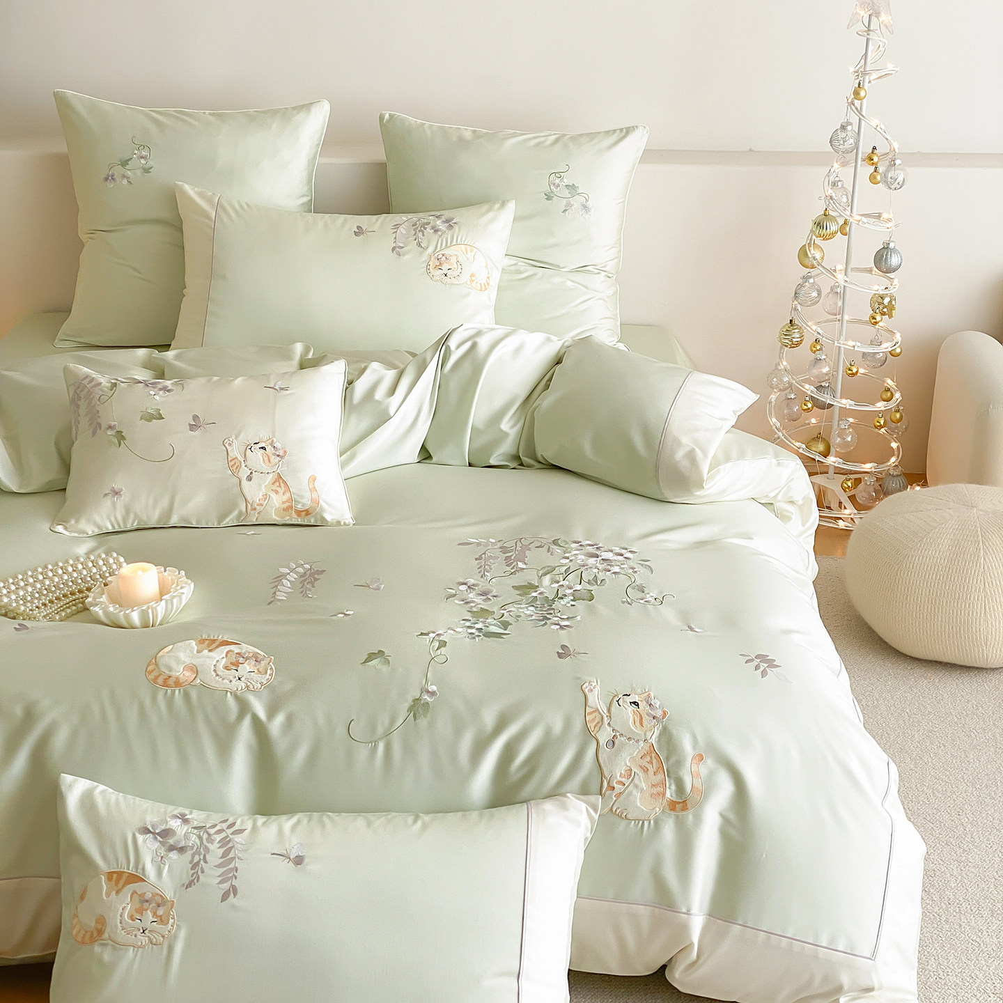 纯棉可爱少女心贴布绣猫咪100支新疆长绒棉四件套全棉儿童三件套