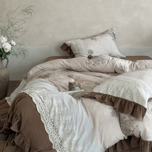 复古风100%全棉双层皱皱纱四件套蕾丝镂空花边纯棉柔软床单被套2m