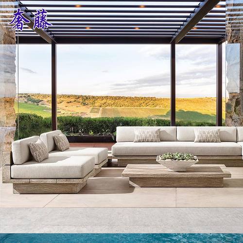 高端户外沙发庭院别墅休闲沙发家具室外露天花园柚木做旧沙发组合