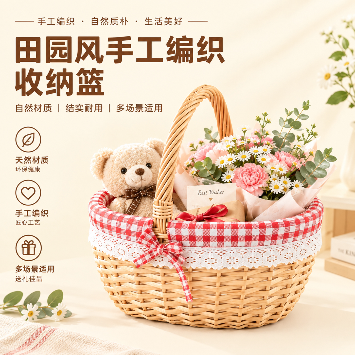 柳编桌面零食摆放筐手提收纳摆件