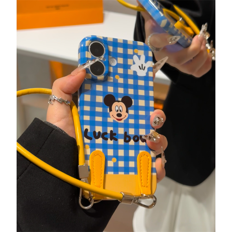 KEWU波点蓝格纹米奇皮绳适用苹果16promax手机壳iPhone15/14Pro可爱卡通mate60华为p70新款小米13防摔vivoppo