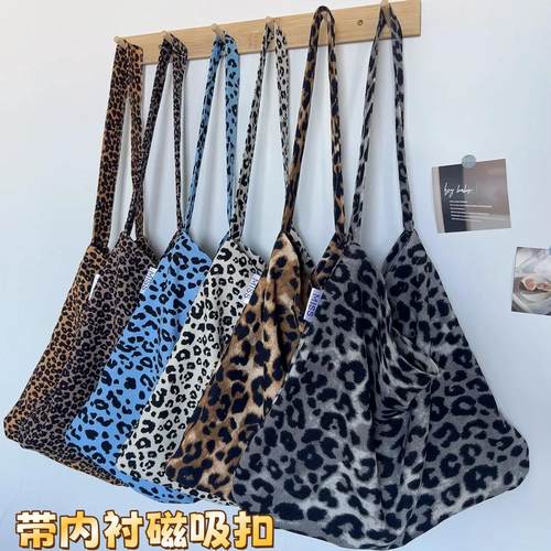 加厚款豹纹灯芯绒包包单肩斜挎布袋宋慧乔emis同款帆布包百搭包包