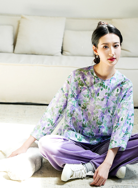 桃知窈窈2023夏/紫色蒲公英 中式文艺碎花圆领盘扣八分袖宽松衬衫