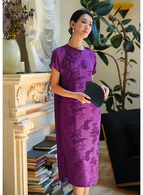 桃知窈窈改良旗袍/紫色蔷薇 文艺中式夏季圆领短袖宽松旗袍裙纯色