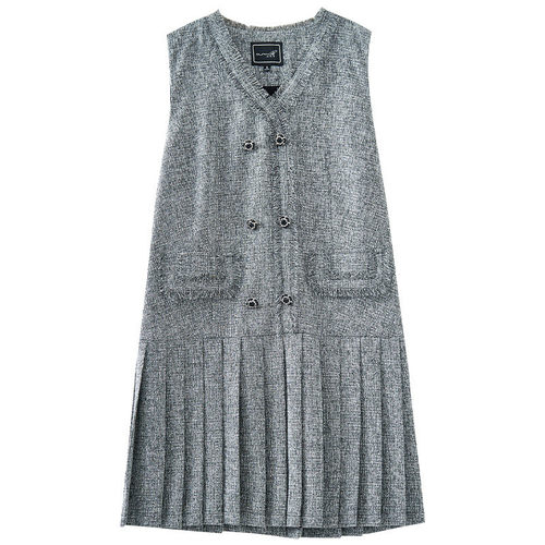 【书婷专享】毛边V领仿麻休闲百褶背心短裙DQ378