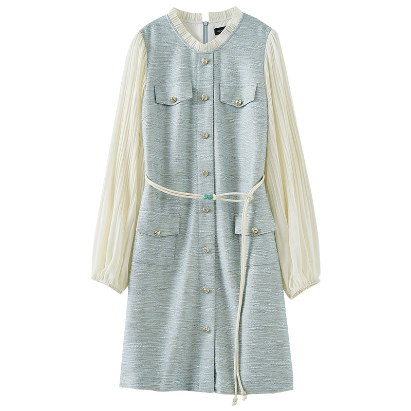 【爆米花粉丝专享】压褶雪纺长袖撞料拼接时尚直筒连衣裙DQ399