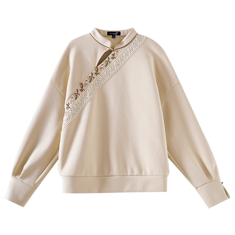 立领斜开襟绣花蕾丝拼接宽松卫衣