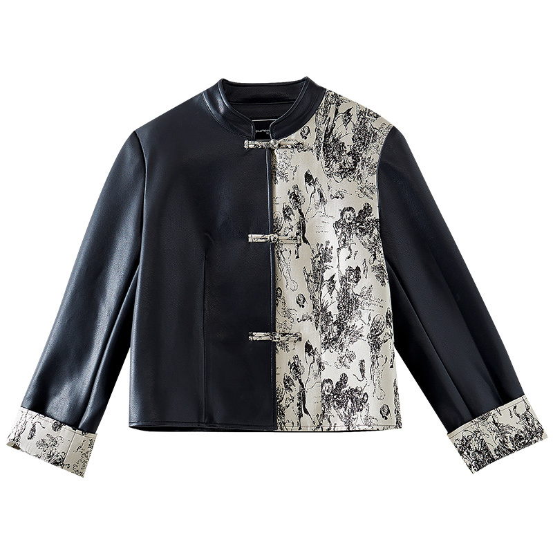 立领提花拼接皮衣时尚直筒外套