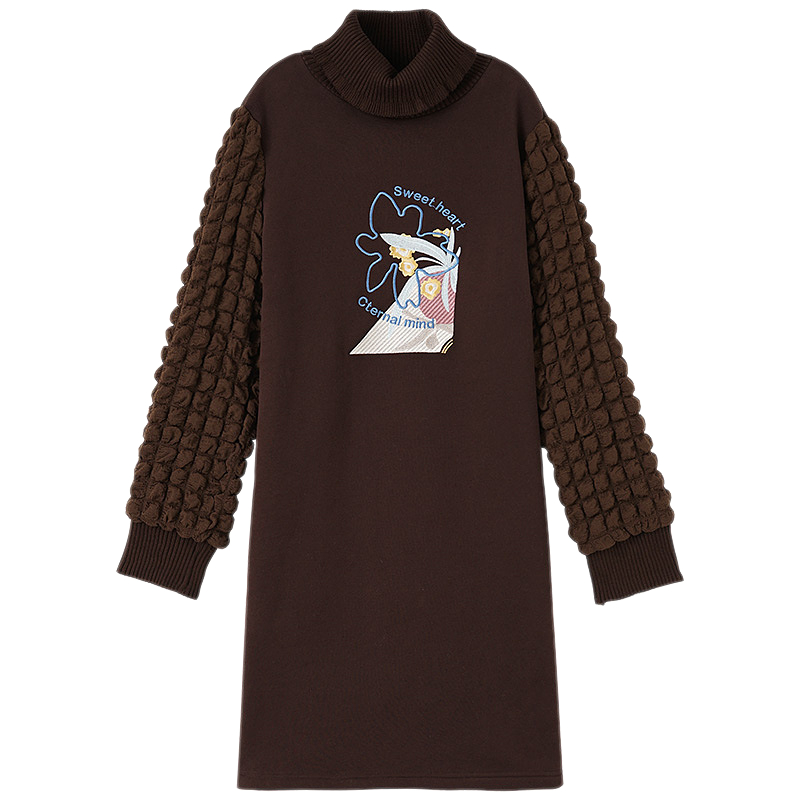 时尚罗纹半高领加绒卫衣连衣裙女