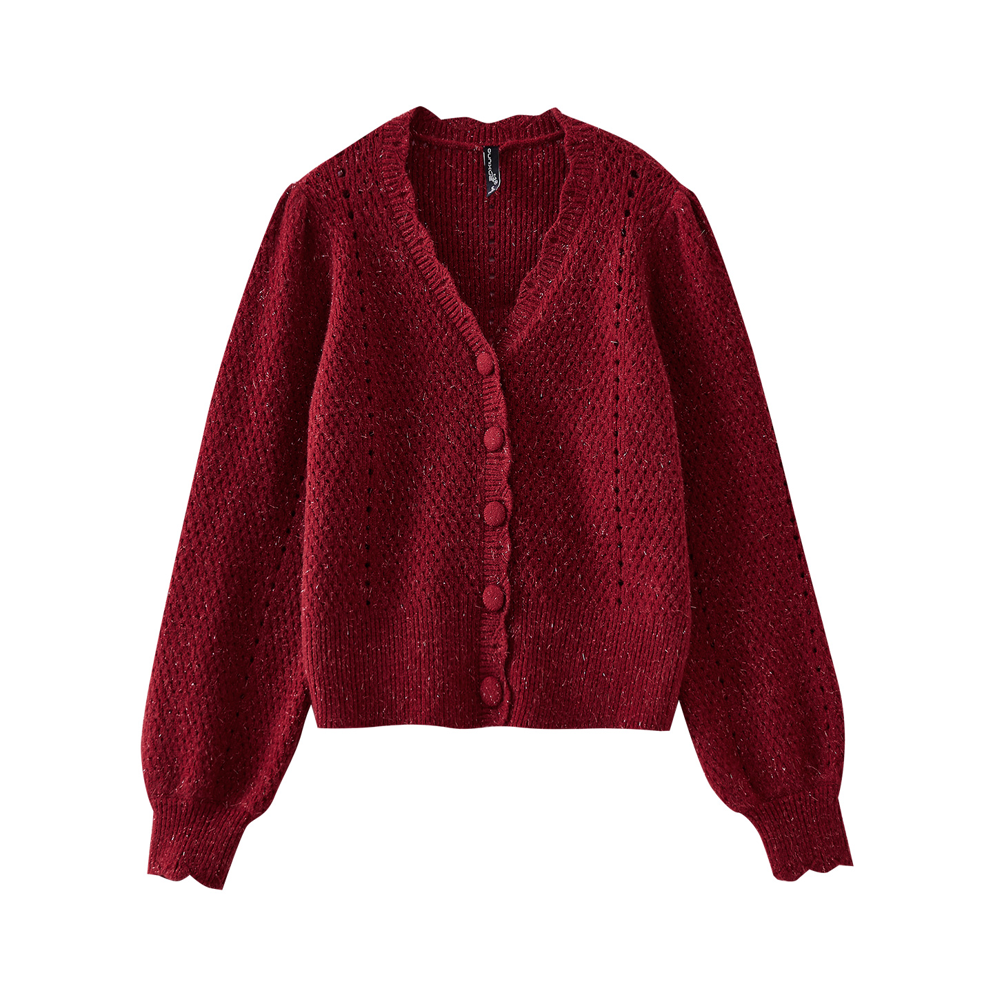 欧昵雪V领镂空亮丝毛衣开衫女