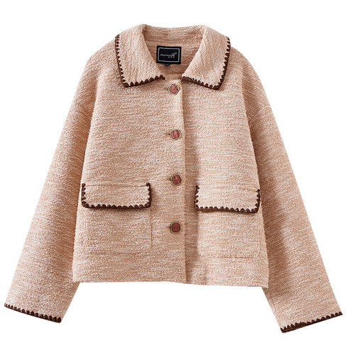 长袖翻领小香风加厚粗纺直筒外套