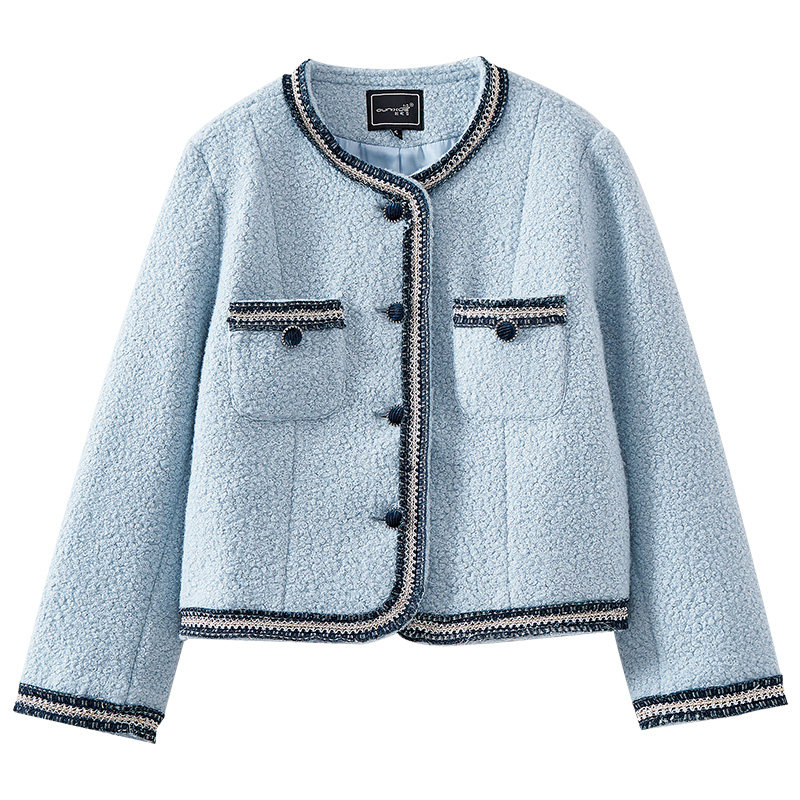 小香风圆领拼接时尚休闲毛呢外套