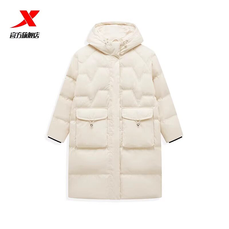 特步女中长款鸭绒羽绒服2024新款冬季加厚保暖外套976428640191