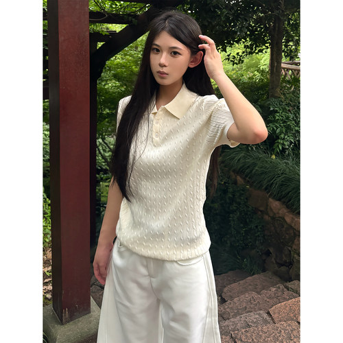 Amateurfit绞花polo领针织短袖