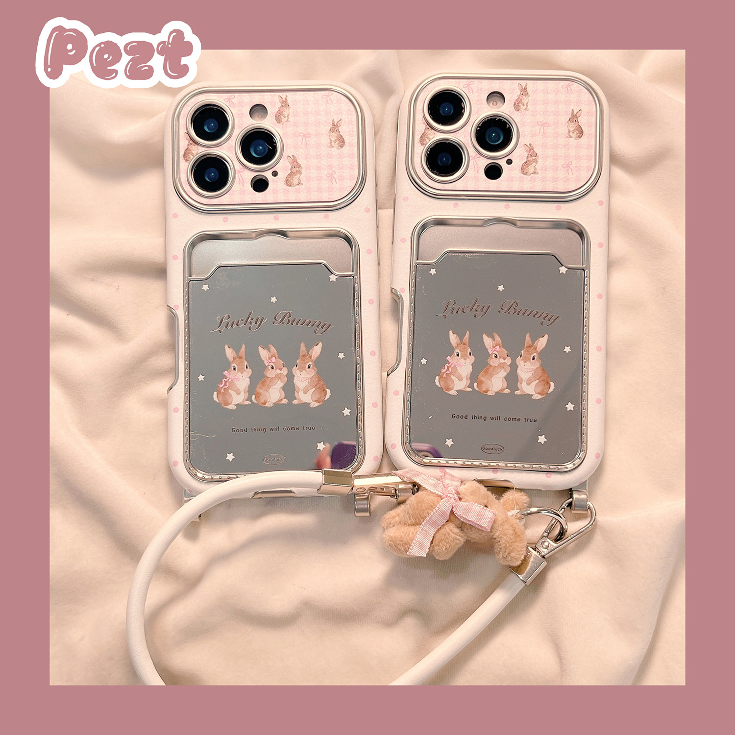 萌系可爱卡通兔子镜面适用苹果17手机壳卡包iphone16promax皮质17promax新款15Pro防摔14卡套16女款15带挂绳,3C数码配件,手机保护套/壳,淘宝优惠券,粉丝福利购,淘宝优惠卷