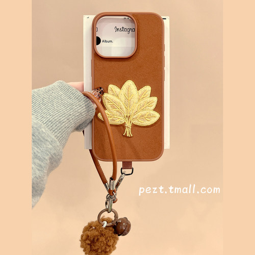 幸运柚子叶黄金叶子手机壳皮质