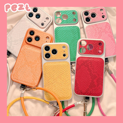 ins风个性蛇皮皮质手机壳带挂绳