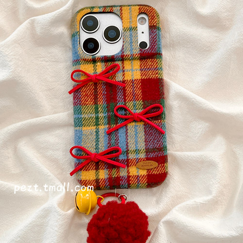 彩色绒布格纹立体蝴蝶结手机壳