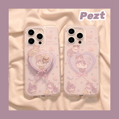 ins风可爱卡通爱心猫咪带支架适用苹果16手机壳紫色花朵iphone17promax新款 13防摔14ProMax硅胶15女16Pro全包