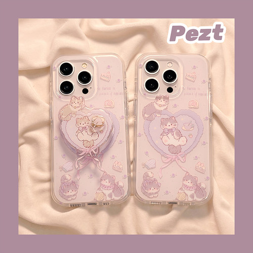 紫色花朵爱心猫咪手机壳带支架