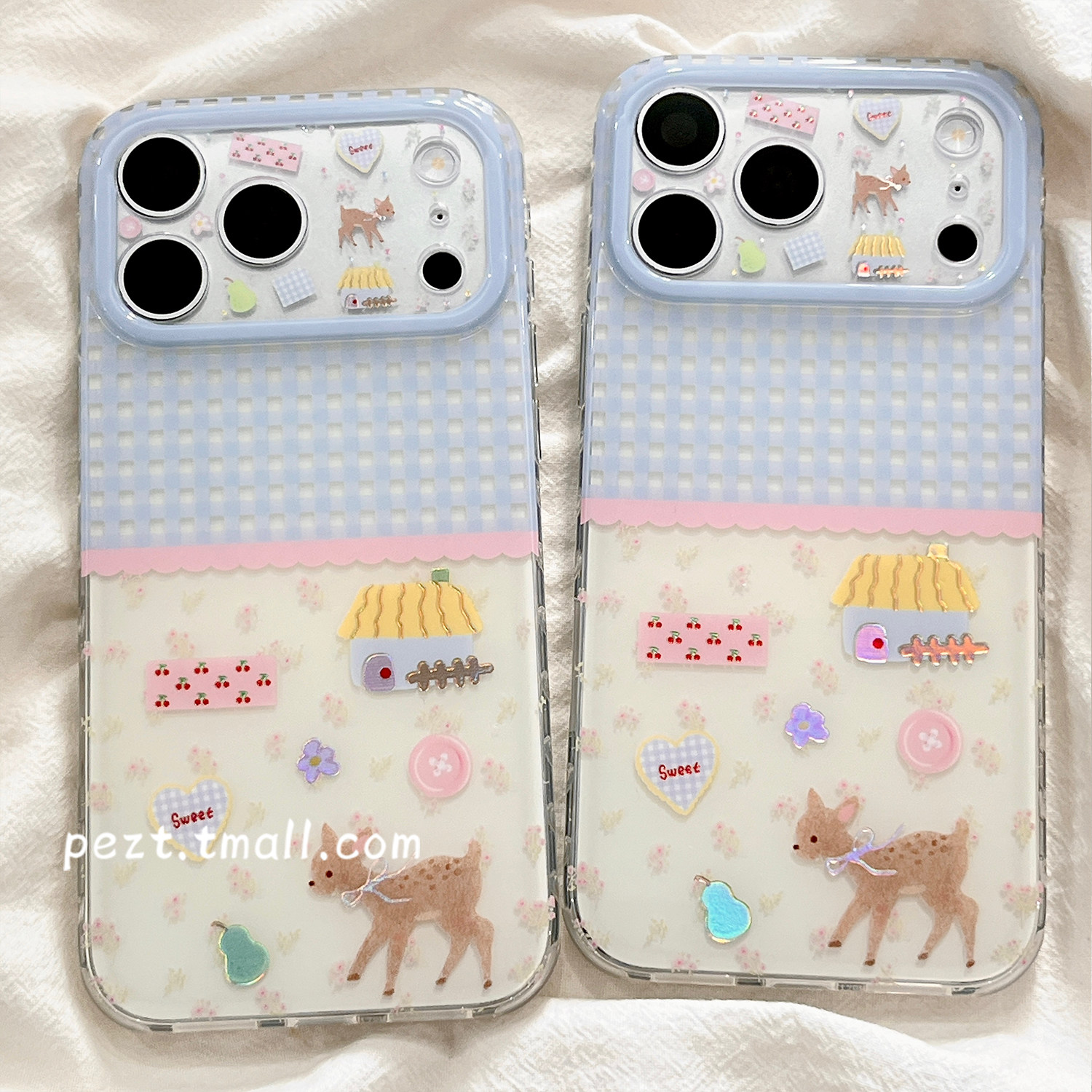 ins风蓝色格纹鎏金小鹿房屋适用苹果17Pro手机壳卡通iphone16promax新款15Pro全包18Pro防摔保护套17女可爱16