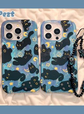 卡通黑色猫咪月亮适用苹果16手机壳冷淡风iphone15promax新款13pro防摔12硅胶15极简14pro女款13个性17全包软