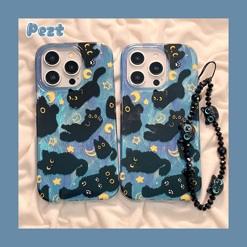 苹果手机壳IMD羽纱卡通黑色猫咪