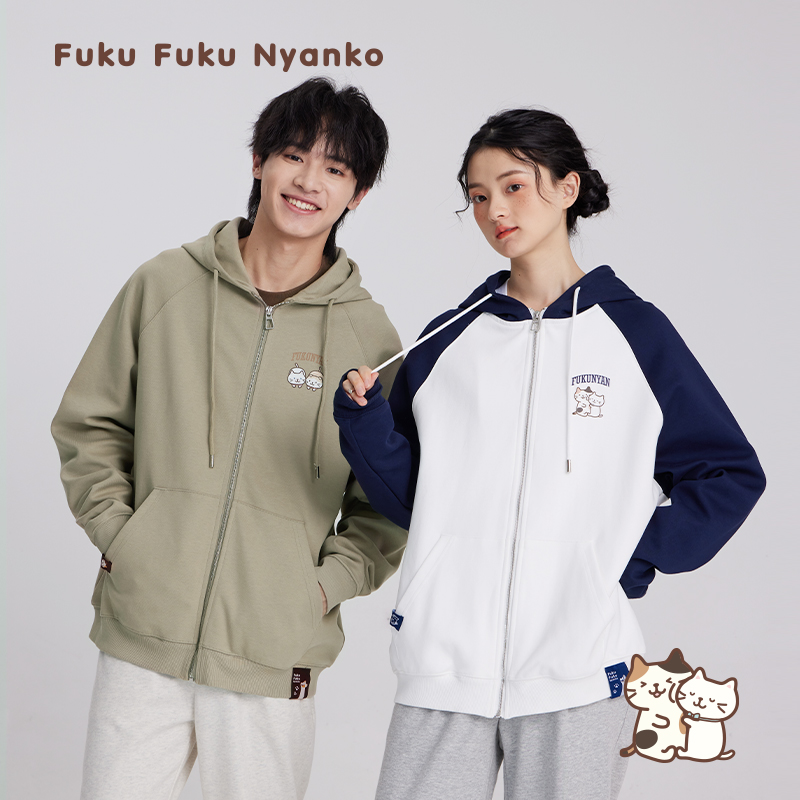 日本Hapins联名连帽开衫拉链重磅双面针织立体印花男女同款卫衣