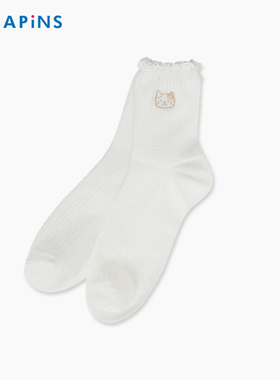 HAPiNS可爱猫咪花边袜子女短袜透气棉袜日系短筒木耳边白色袜