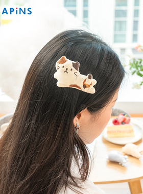 日本hapins小猫发夹刘海夹子少女边夹三花猫咪毛绒小发夹女侧边夹