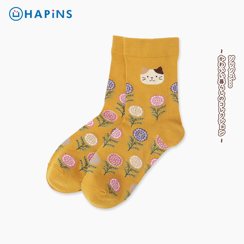 HAPiNS袜子女款中筒袜潮百搭袜子女小花春秋季日系甜美长筒袜