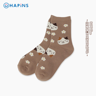 HAPiNS女袜子百搭小众穿搭中筒袜中筒春夏2025新款长袜三花猫