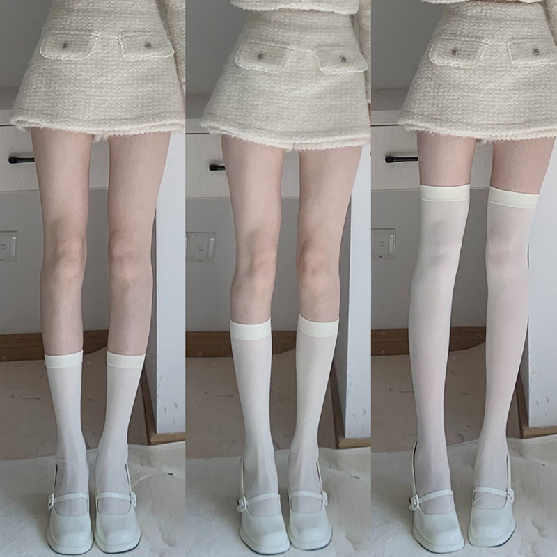 奶白色中筒过膝袜子女春夏薄款天鹅绒白丝袜长筒袜日系黑色jk高筒