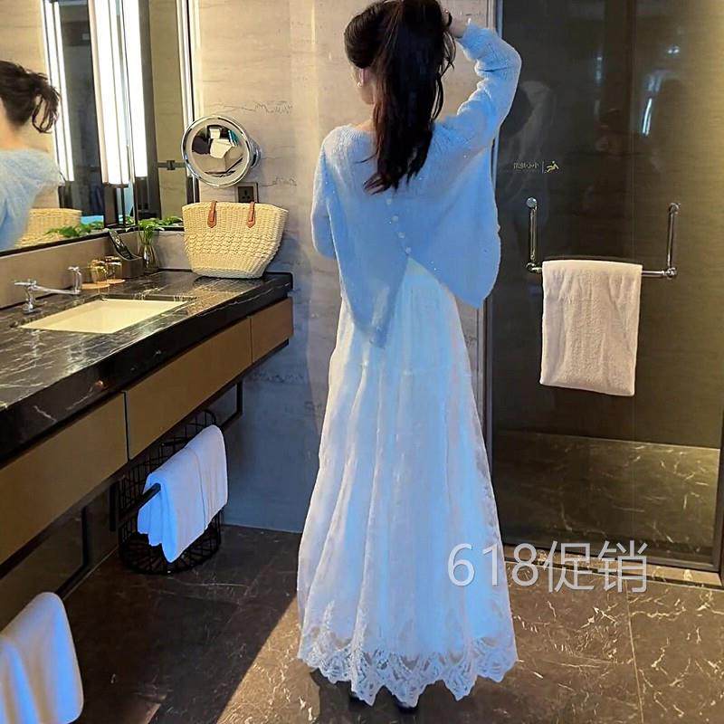 独特漂亮春夏套装后背设计感针织上衣蕾丝半身裙气质女神范两件套