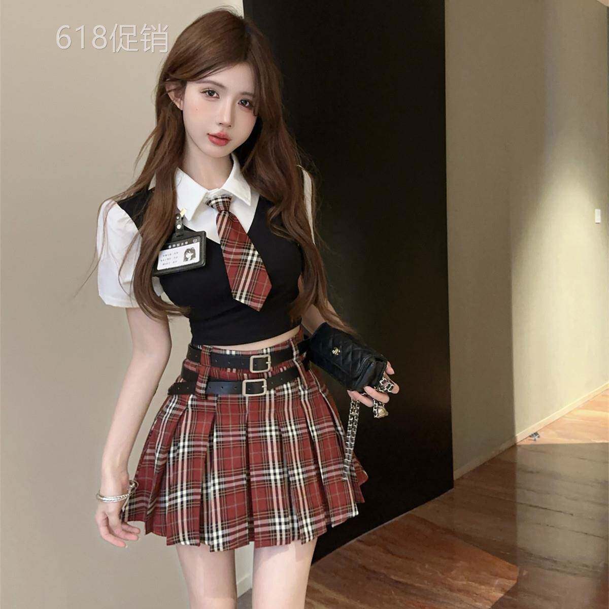 美式甜辣妹学院风套装女夏季jk制服针织假两件上衣半身裙子两件套