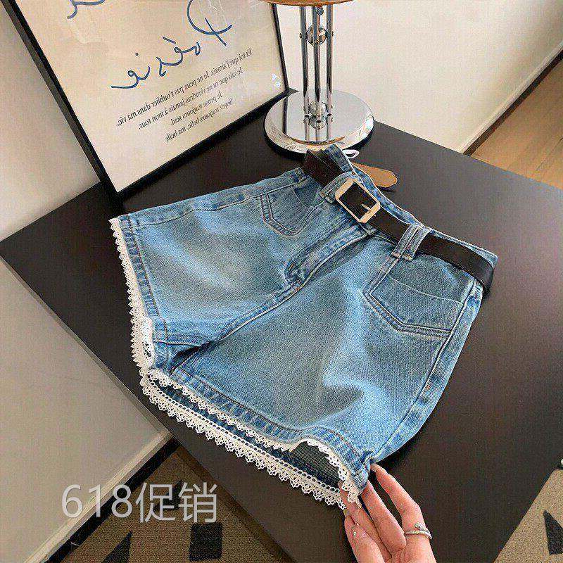 高腰蕾丝牛仔短裤 女款夏季显瘦A字热裤 大码阔腿设计