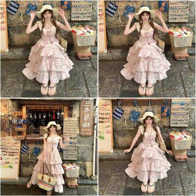 甜美粉红色碎花洋装女夏日绝美温柔风公主蛋糕裙仙女蓬蓬长裙子