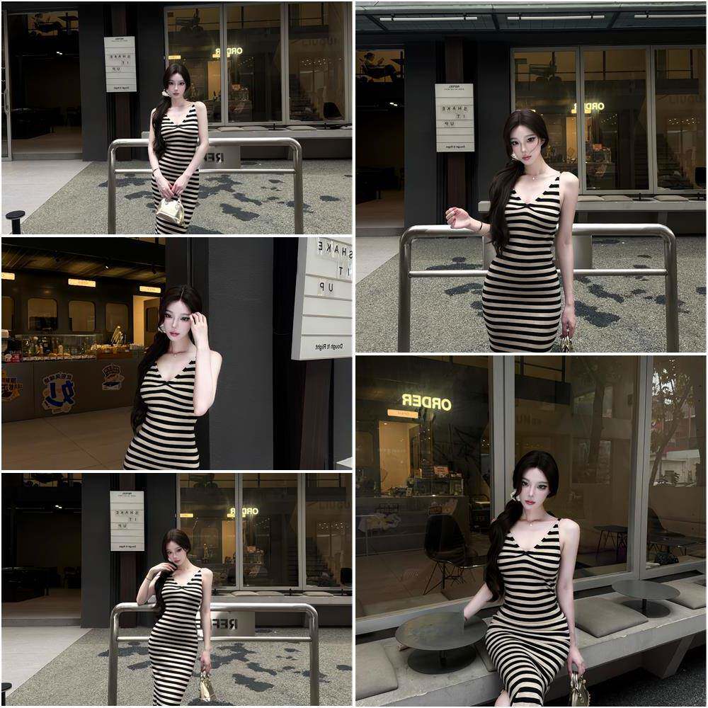 AWMUMU绝美辣妹条纹V领吊带洋装女夏季收腰显瘦复古性感长裙子 - 实物图