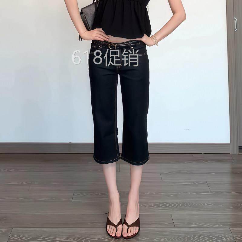 美式复古低腰黑色微喇牛仔古早七分裤女夏季紧身直筒喇叭中裤短裤